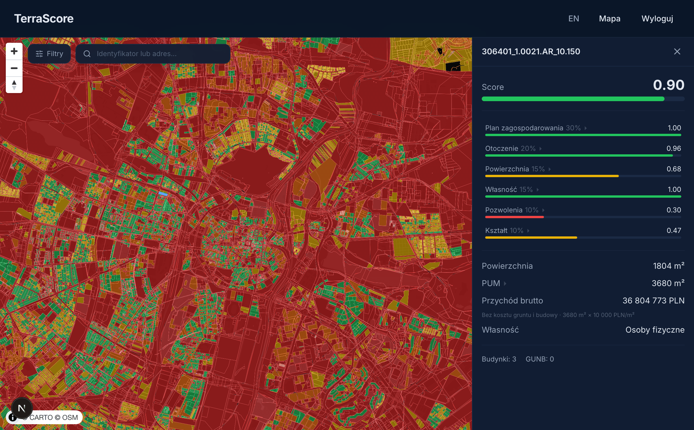 TerraScore - mapa scoringu inwestycyjnego działek w Poznaniu